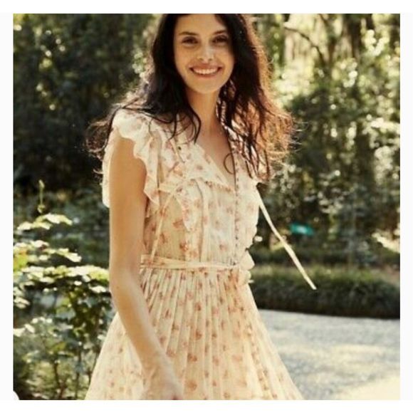 DOEN Carnation Dress Size Small White Poppy Pink Floral Maci Flutter Cotton - Picture 2 of 16